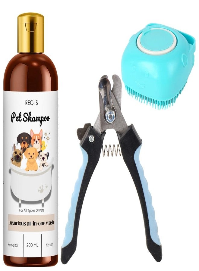 REGIIS Pet Grooming Set with Luxurious All-in-One Dog Shampoo, 200ml, and Silicone Bath Brush, Professional Pet Care Kit for All Types of Pets(PACK OF 3) - Image 1